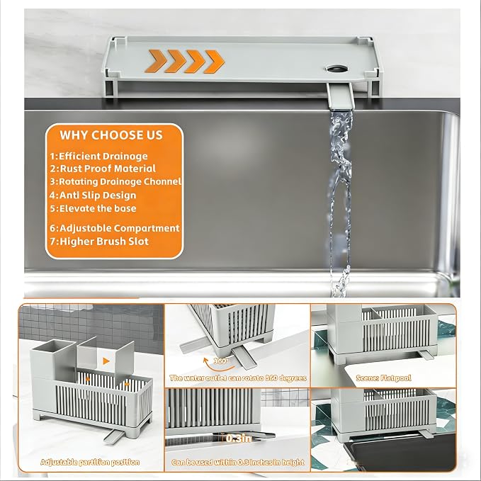 Rustproof Kitchen Sink Organizer for Countertop,Multifunctional Sink Organizer Caddy & Organization,Scrub Brush and Sponge Holder,Plastic Sink Storage Rack,Sponge Drain Rack,Dish Soap Dispenser,Grey