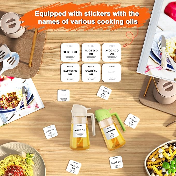 2 in 1 Glass Oil Sprayer & Dispenser,16oz/470ml Olive Cooking, Air Fryer, and Salad, for Kitchen Gadgets and Air Fryer Accessories, w/Stickers (White)