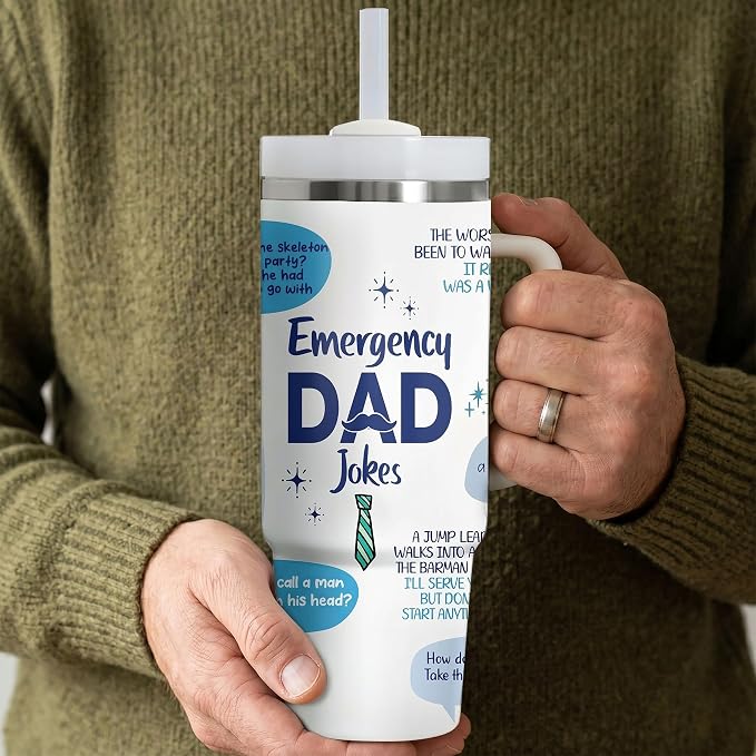Gossby Emergency Dad Jokes Tumbler, 30oz Stainless Steel with Handle | Funny Gift for Dad, Birthday Gift for Him, Dad Coffee Tumbler with Straw, Insulated Travel Cup, Gift for Daddy, Stepdad