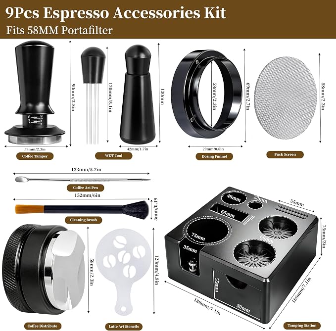 9 PCS 58mm Espresso Accessories Kit with Tamper Station | Coffee Tamper Set with WDT Tool, Distributor, Puck Screen, Dosing Funnel, Espresso Tool Kit for 58mm Portafilter