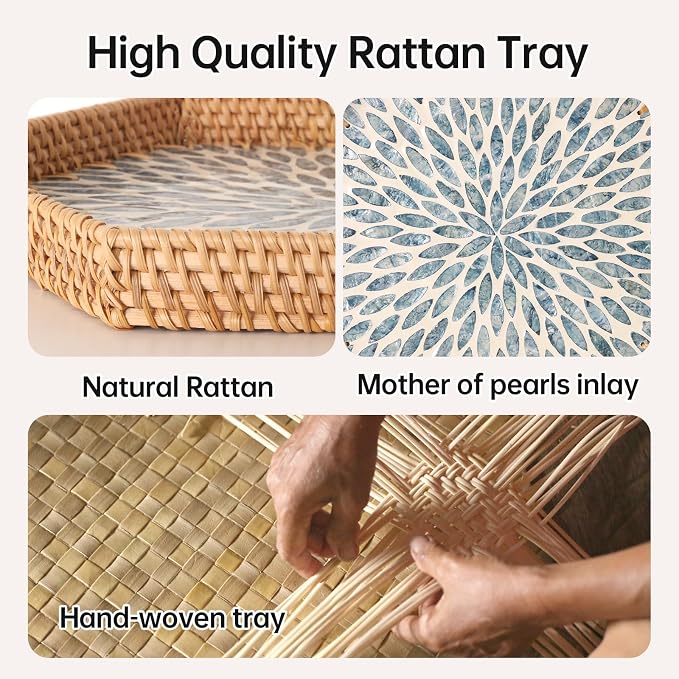 Hexagon Rattan Tray with Mother of Pearl Inlay, Rattan Serving Tray for Coffee, Bread, Fruits, Snacks, Decorative Wicker Tray for Table Decor, Home Decor (Light Blue Leaves, 14.5"×12.8")