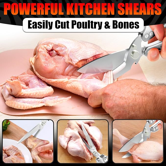 Kitchen Shears Heavy Duty, Safety Lock, Stainless Steel (Silver) | Poultry Shears for Chicken, Turkey, Spatchcock, Fish; Bone Cutting Scissors, Micro-Serrated, Spring-Loaded, Separate to Clean
