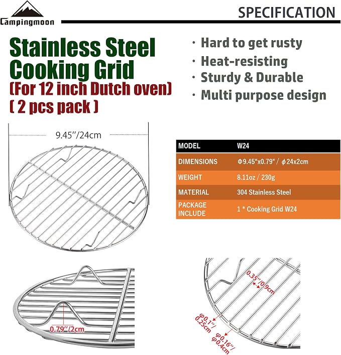 CAMPINGMOON 2pcs Round round cooling rack 304 Stainless Steel Cooking Grid Grill (φ9.5 inches, W24-2P)