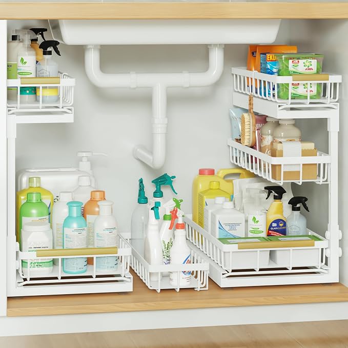 Under Sink Organizer and Storage for Bathroom and Kitchen - 2 Pack 3 Tier | Under Cabinet Pull Out Shelf Organizers - Slide Out Drawer Organization for Home Cabinets Shelves and Drawers