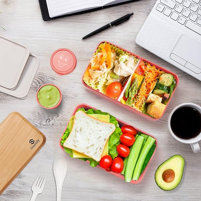 Sinnsally Bento Box for Kids and Adults, Stackable Japanese Bento Lunch Box Containers for Teens/Women with Compartments(47oz),Modern Lunch Containers with Utensil Set,Leak-Proof Lunchbox,Rectangle