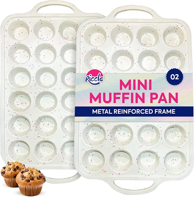 2 Pack Silicone Mini Muffin Pan with Metal Reinforced Frame, 24-Cup Mini Cupcake Pans, Mini Muffin Silicone Molds, Silicone Muffin Pans for Baking - Oven & Dishwasher Safe, BPA-Free