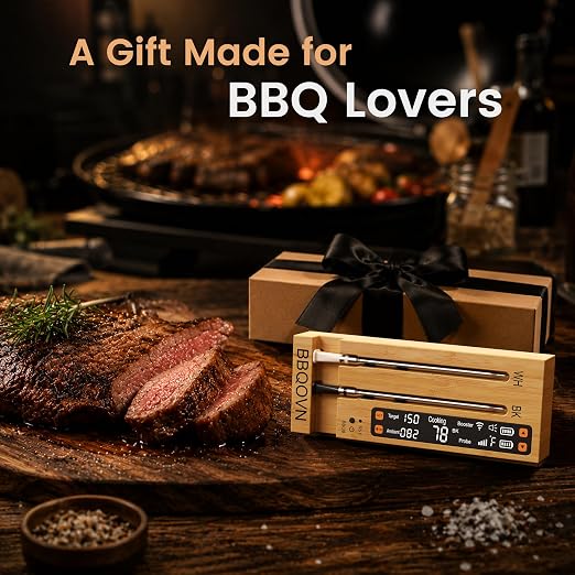 WiFi Sub-1G Wireless Meat Thermometer Unlimited Range 7 NIST Certified Sensors with Ambient Temp 2 Temp Monitoring Ways Digital Smart Base and App for BBQ, Smoker, Grill, Oven (Dual Probes)
