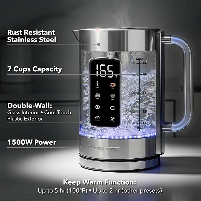 OVENTE 1.7L Glass Electric Kettle with Tea Infuser, Silver KGD913S | 1500W Fast Boiling, Easy Fill Lid, 4 Temperature Control, Double-Wall Cool-Touch Design, Color-Changing LED, Keep Warm