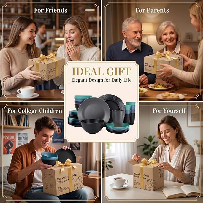 PYRMONT 40 Piece Unbreakable Plates and Bowls Sets for 8 Wheat Straw Dinnerware Set Lightweight Dishes Set Microwave & Dishwasher Safe,Apartment Essentials,New House,Family Gathering-Nightscape