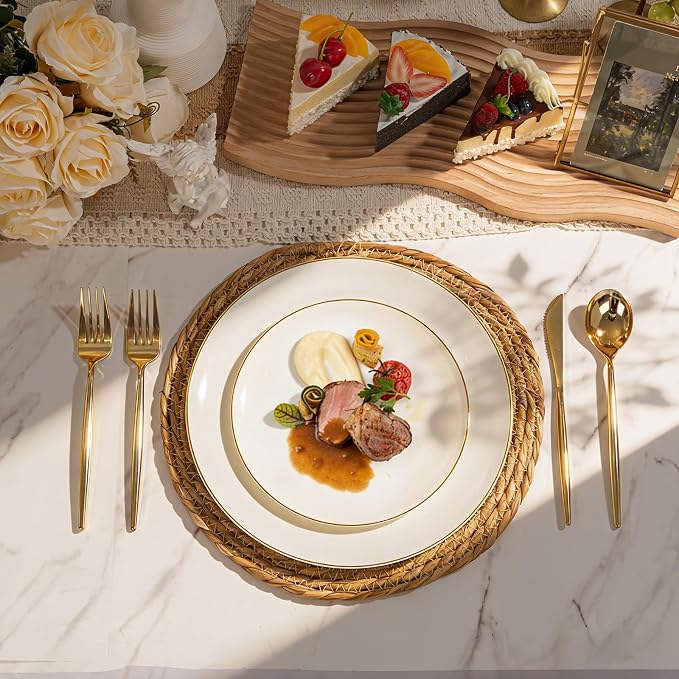 150Pcs Ivory Plastic Plates, Fancy Gold Plastic Plates Set for Party | Ivory Plates with Gold Rim,Ivory Disposable Plates Set Include 30 Dinner Plates,30 Dessert Plates,90 Plastic Silverware Set