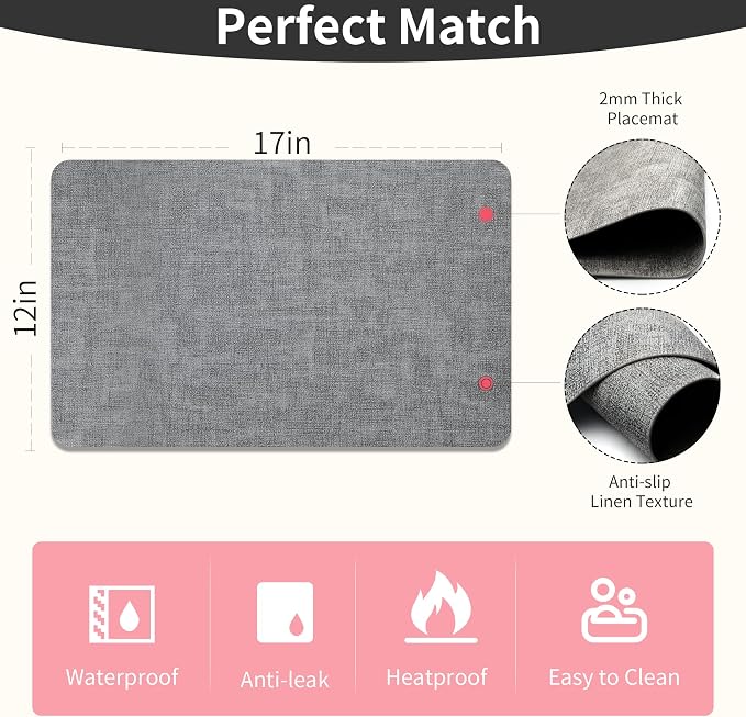 Maxpearl Faux Leather Placemats Set of 6, Easy to Clean, Grey | Waterproof - Heat Resistant - Non Slip - Wipe Clean Dining Table Place Mats, Suitable for Indoor & Outdoor Use, 17''×12''