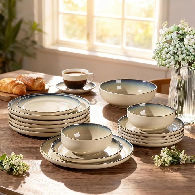GBHOME Dinnerware Sets for 6, 18 Pieces Ceramic Plates and Bowls Set | Scratch Resistant Stoneware Dishes Set, Dishwasher & Microwave Safe, Reactive Glaze-Pale Khaki