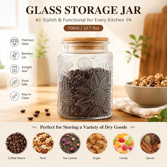 Vintage Glass Jar with Bamboo Lid, 23.7 FL oz - Airtight Decorative Food Storage Canisters for Kitchen Counter, Ideal for Candy, Sugar, Coffee, Cookies (Sunflower*2)