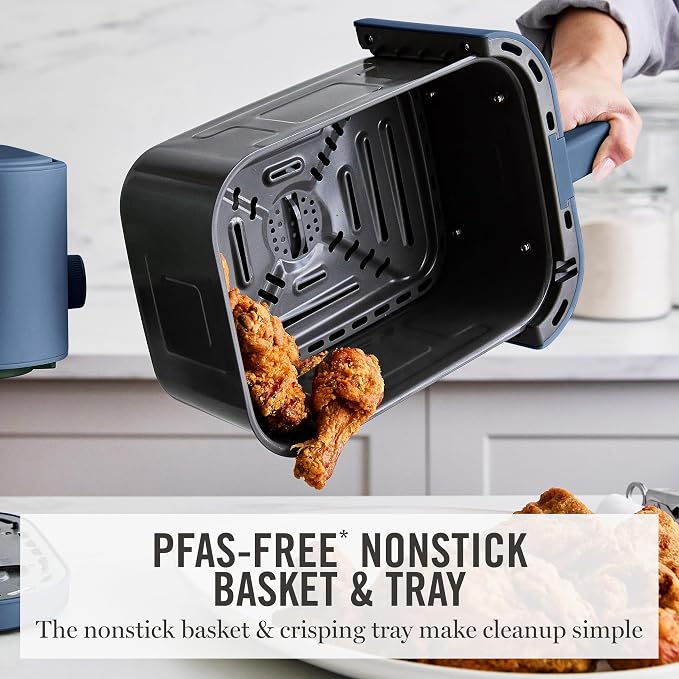Martha Stewart 6-Quart Air Fryer, 6 Presets, Space Saving, Indigo Blue | 3lb Capacity, PFAS-Free Ceramic Nonstick Basket & Tray, Bake, Roast, Broil, Dehydrate, Reheat, Shake Reminder, Heat up to 400