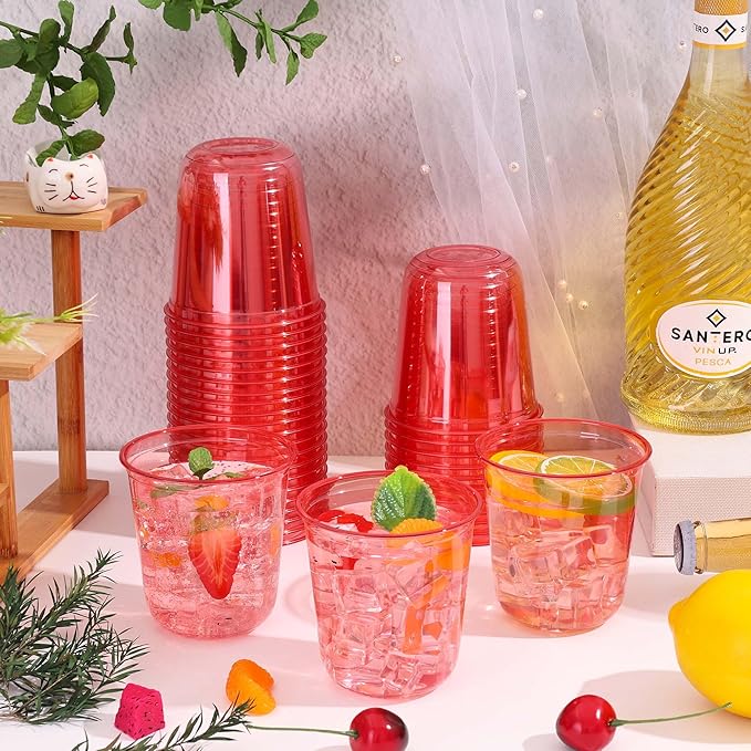 KesaPlan 100Pcs 12oz Red Plastic Party Cups, Disposable Wine Cocktail Cups | Cute Clear Stemless Glass, Round Bottom PET Cold Drink Cups for Christmas Valentine's Mother's Day Birthday Wedding Party