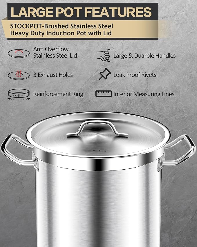STOCKPOT Commercial Grade Large Stock Pots - Soup Pot with Lid - Non-Nickel Stainless Steel - Healthy Cookware Polished Stockpots - Heavy Duty - 35 Quart (8.8Gallon)