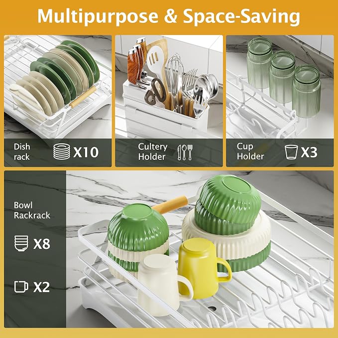 Epicano Dish Drying Rack for Kitchen Counter,Large Capacity,White | Raised Feet,Rustproof,Wooden Handle,Auto-Drainage System,Cup Holder & Knife Slots, Sink Storage Organizer