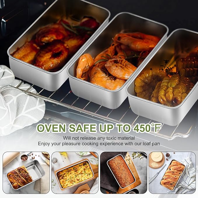 P&P CHEF Loaf Pan, 9 x 5 Inch Stainless Steel Bread Pan, (Silver, 4Pcs) | Loaf Toast Baking Pans Tins Set For Bread Meatloaf Lasagna Cake, Healthy & Sturdy, Oven & Freezer Safe, Easy to Clean