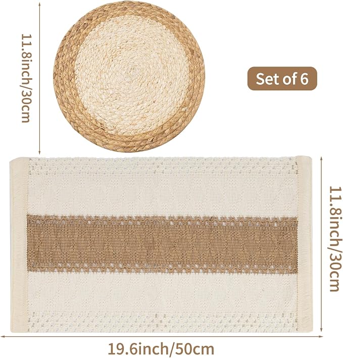 Handmade Boho Placemats Set of 6 | Natural Woven & Fabric Cotton Combo Table Mats | 12-Piece Versatile Place Mats | Rustic Farmhouse Style Dining Table Decor