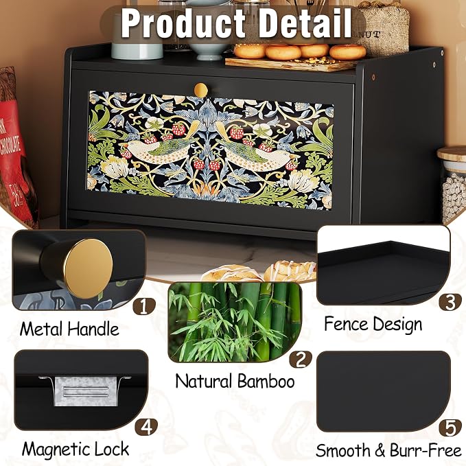 Trironsun Bread Box for Kitchen Counter Black Bread Storage Container with Acrylic Door William Morris Flower Bird Design Farmhouse Breadbox Organizer (Black)