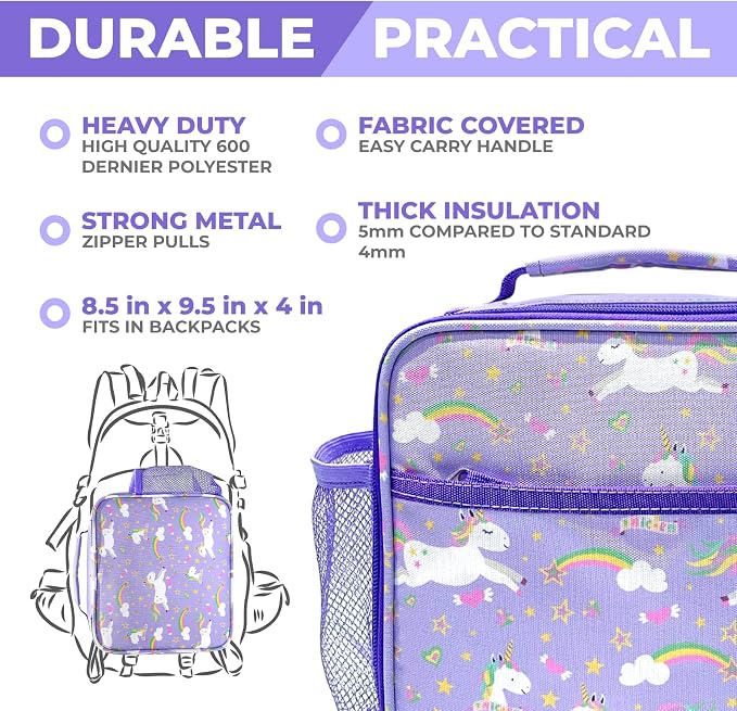 kinsho Kids Bento Lunch Box, Water Bottle, Ice Pack & Bag, Purple Unicorn | 5 Compartment Food Container for Lunches Snacks, BPA Free Plastic, Insulated Set for Small Girls Toddlers Daycare, Pre-School