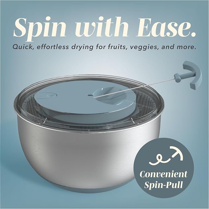COOK WITH COLOR Stainless Steel Salad Spinner - 5 Qt. Lettuce Washer And Vegetable Spinner Dryer for Easy Salad Prep - Non Slip Base with Pull Handle - Auto Stop Brake System, Stain and Odor Resistant