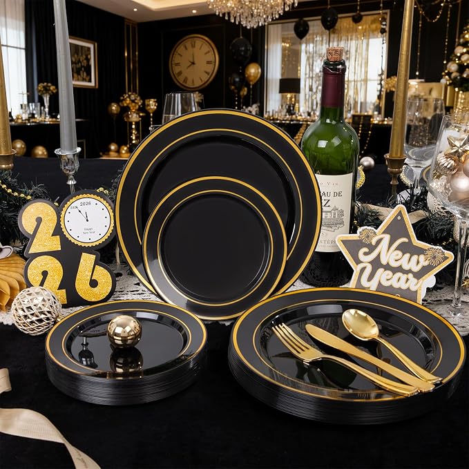 350 Pieces Black and Gold Plastic Plates with Disposable Silverware, Include 50 Dinner Plates 9”, 50 Dessert Plates 6.3”, 50 Black Cups 9 OZ, 50 Pre Rolled Napkins for New Year (Pack of 2)