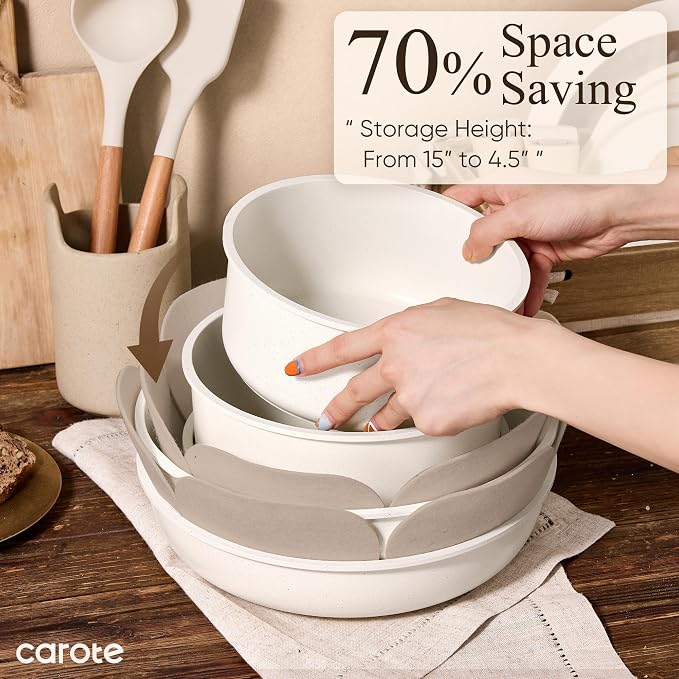 CAROTE 33pcs Pots and Pans Set Non Stick, Cookware Set Detachable Handle | Induction Compatible, Dishwasher & Oven Safe, Space Saving, Camping Cooking Set, Kitchen Set, White