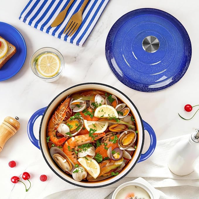 5 QT Enameled Cast Iron Dutch Oven Pot with Lid & Gold Powder | Dutch Oven for Sourdough Bread Baking, Braising, Stews, Roasting, Oven Safe up to 500° F, Blue Kitchen Cookware with Handls