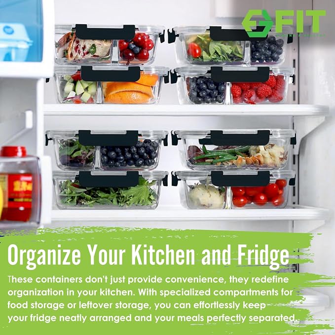 Glass Meal Prep Containers 1 & 2 & 3 Compartments, Airtight, 35 oz, 3 Pack | Bento Lunch Box, Stackable Portion Control Food Storage Containers for Adults, Divided, Microwave Oven Freezer Safe, Black