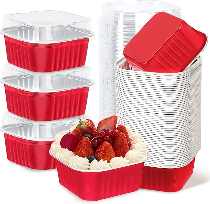 60Pack 5oz Christmas Mini Cake Pans with Lids Baking Cups Aluminum Foil Pans Tins, Individual Dessert Cups Containers for Sales,Party,Picnics Red
