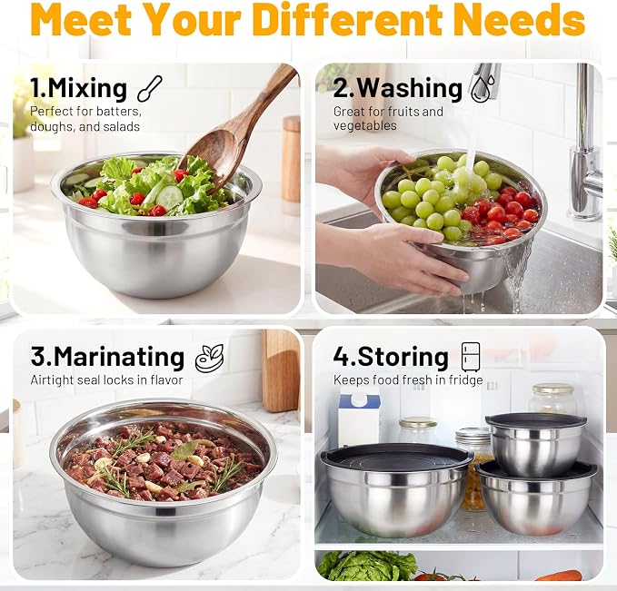 Beasea Mixing Bowls with Lids Set of 3, 1.5/2.5/4 QT Stackable Stainless Steel Nesting Mixing Bowls with Lids for Baking, Meal Prepping, Kitchen Food Serving, Storing