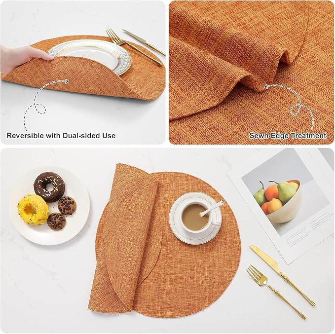 Cotton Linen 15 Inch Round Cloth Place mats, Set of 4, Orange | Washable Table Mats, Heat Resistant, Reversible, Wipeable Place Mats for Indoor Outdoor