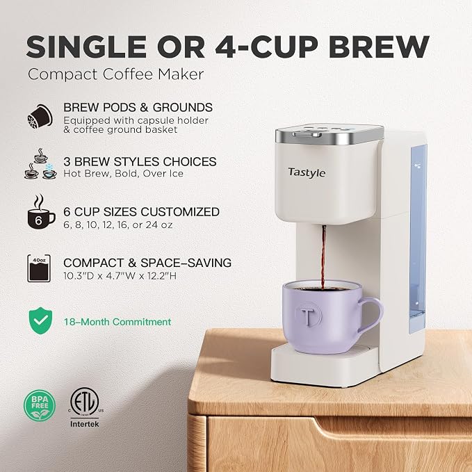 Tastyle Single Serve Coffee Maker for K Cups and Grounds with 3 Brew Styles | 40oz Removable Water Tank, 6 to 24oz Brew Size, Compact Design, Fits 7.3" Travel Mug, for Home, RVs and Office, K330IC, Beige