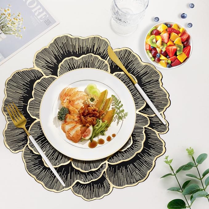 Evevda Placemats Set of 6 Gold Flower Placemats for Dining Table | Round Pressed Vinyl Metallic Table Mats 15 Inch for Home Kitchen Wedding Holiday Party Decoration