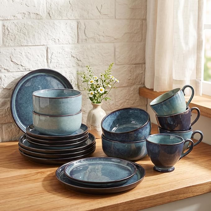 Ceramic Dinnerware (16 pcs) Serve 4 people, Plates and Bowls Sets,Handmade Reactive Glaze Dishes Set,Chip Resistant and Scratch Resistant,Dishwasher, Microwave Safe