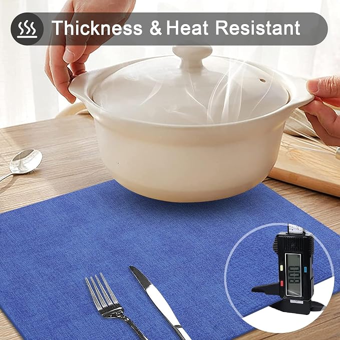 Faux Leather Heat Resistant Placemats 6 Packs, Waterproof Wipeable Dining PU Place Mats for Indoor & Outdoor, Easy to Clean, Sea Blue