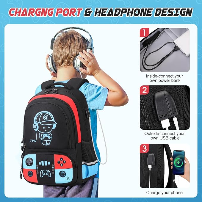 Backpack for School Boys, Cool Luminous Gamer Boys Schoolbag | with Lunch Box & Pencil Case Set for Kids Teens Elementary Middle School, Bookbag Glow In The Dark