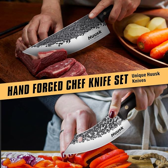 Huusk Butcher Knife Set for Meat Cutting, Gifts for Men | Japanese High Carbon Steel Chef Knife Set with Ergonomic Handle, Hand Forged Meat Cleaver for BBQ, Camping, Kitchen