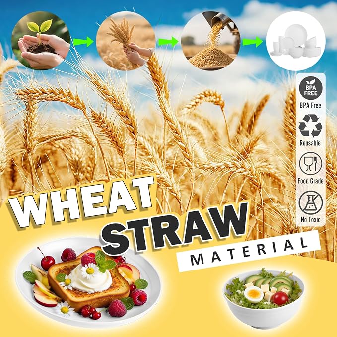 Wheat Straw Dinnerware Sets Service for 8, 32 Piece Plates and Bowls Sets, Microwave & Dishwasher Safe Dishes, Perfect for Kitchen Camping Picnic RV Dorm - White