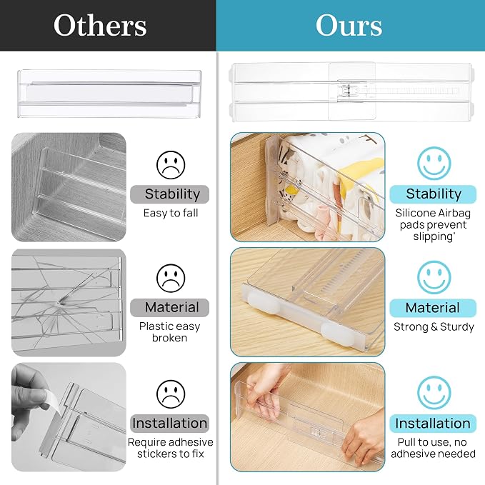 Vtopmart 4" High Drawer Dividers for Clothes, 13"-22" Adjustable, 12 pack | Expandable Dresser Drawer Organizer, Clear Plastic Separators for Dresser, Baby Clothing, Underwear, Cosmetic, Toiletries