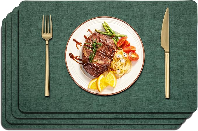 Maxpearl Faux Leather Placemats Set of 4, Easy to Clean, Dark Green | Waterproof - Heat Resistant - Non Slip - Wipe Clean Dining Table Place Mats, Suitable for Indoor & Outdoor Use, 17''×12''