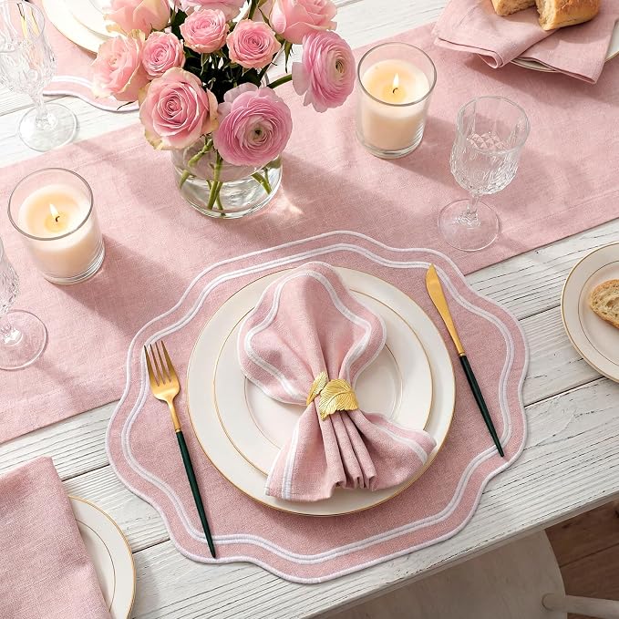 6 Pcs Pink Wedding Placemats Scalloped Embroidered Cotton Linen Placemats 17" x 13" Double Layered Machine Washable Table Place Mat for Party Table Decor (Cotton)