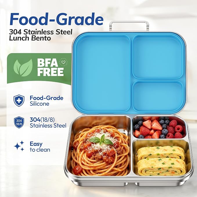 Stainless Steel Bento Lunch Box for Kids and Adults,3 Compartment Meal Lunch Box with Detachable Silicone Lid,Leak-Resistant Food Container with Snack Cup for School,BPA-Free(Blue)