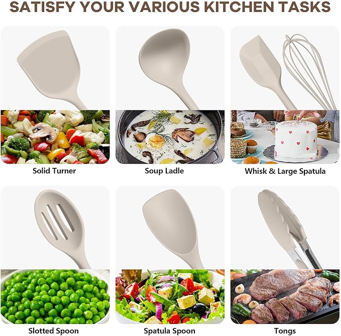 TeamFar Silicone Cooking Utensils, 10 pcs Kitchen Cooking Utensils Set | Heat Resistant Kitchen Gadgets Tools Set w/Spatula, Turners, Spoons, Soup Ladle, Pasta Server for Nonstick Cookware, Khaki