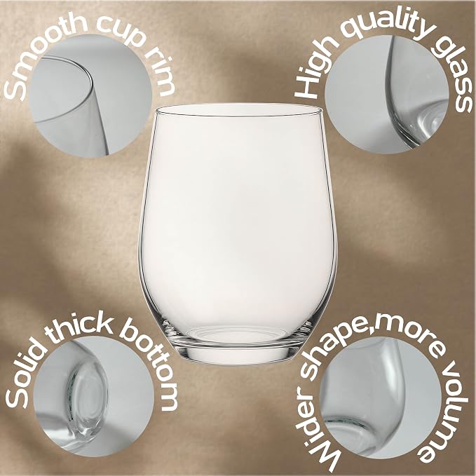 Stemless Wine Glasses Set of 12, Clear Wine Tumblers for Red & White Wine, Cocktails, Scotch, Juice and Water, Everyday Drinkware Glasses for Home Bar, Hosting, Parties and Housewarming