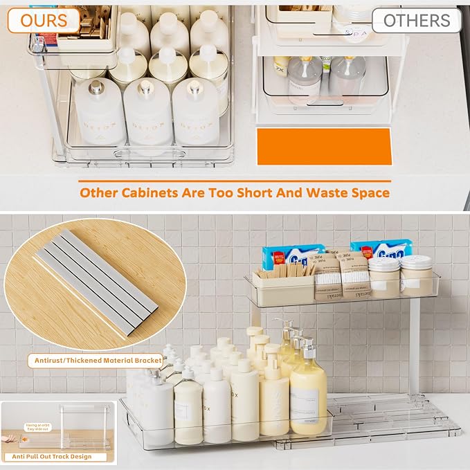 2 Pack 14.5″ Deep Pull Out Under Sink Organizer,10.8″ High 2 Tier Slide Out Cabinet Organizer for Kitchen Cabinet,Undersink Organizers,Under Sink Shelves,Bathroom Organizers and Storage,Clear