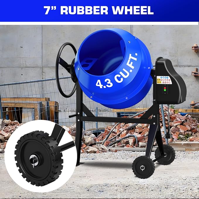 120L Electric Cement Mixer, 4.3 Cubic Ft. 450W 3/5HP Portable Concrete Mixer Machine with Stand And Wheels for Stucco, Mortar, Seeds, Blue