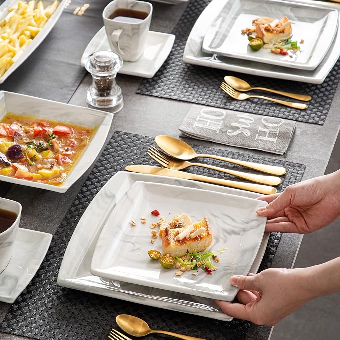 MALACASA Dinnerware Sets, 32 Pieces Porcelain Plates and Bowls Sets for 6, Marble Grey Dishes with Plates and Bowls, Cups and Saucers, Side Dish Plates, Square Dinner Set, Series Blance | Complete with Plates, Bowls, Cups, Saucers, Microwave Oven and D...