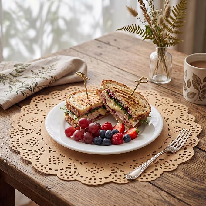 Gueevin 200 Pcs Paper Placemats Disposable Lace Round Paper Placemats Decorative Disposable Placemat Doilies for Dining Wedding Table Decoration Festive Party Birthday Holiday (Kraft,12 Inch)